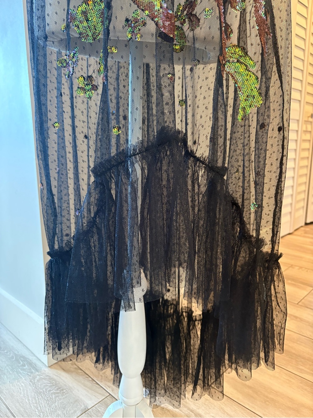 Free People Festival Black Sheer Mesh Dress with Green Sequin Embroidery, boho - Picture 10 of 11